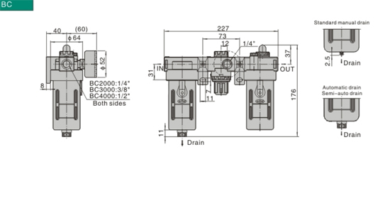 Dimensions AirTAC FRL ชุดกรองลมดักน้ำ รุ่น AC, BC Series